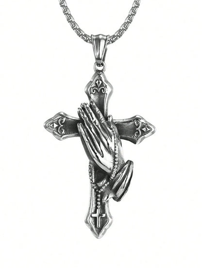 1pc Stainless Steel Praying Hand Necklace With Cross, Fashionable Men Accessory