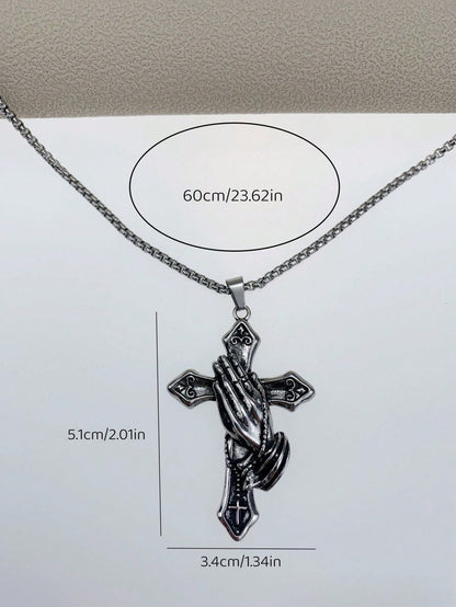 1pc Stainless Steel Praying Hand Necklace With Cross, Fashionable Men Accessory