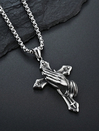 1pc Stainless Steel Praying Hand Necklace With Cross, Fashionable Men Accessory