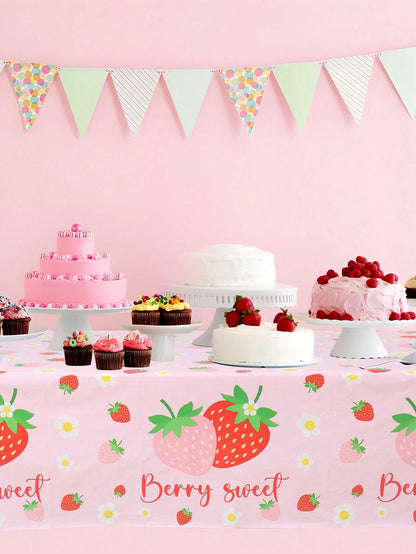 1pc Strawberry Baby Shower Party Tablecloth,Berry Sweet Theme Birthday Party Table Decor,Gender Reveal Decor,Disposable PE Table Cover,Baby Shower Party Supplies,1st Birthday Party Decor,Baby Shower P