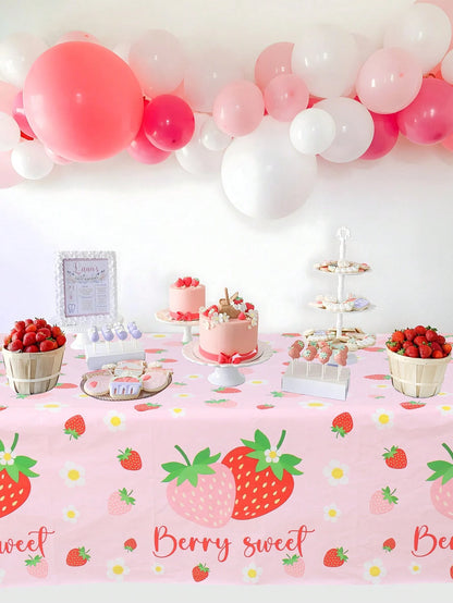 1pc Strawberry Baby Shower Party Tablecloth,Berry Sweet Theme Birthday Party Table Decor,Gender Reveal Decor,Disposable PE Table Cover,Baby Shower Party Supplies,1st Birthday Party Decor,Baby Shower P