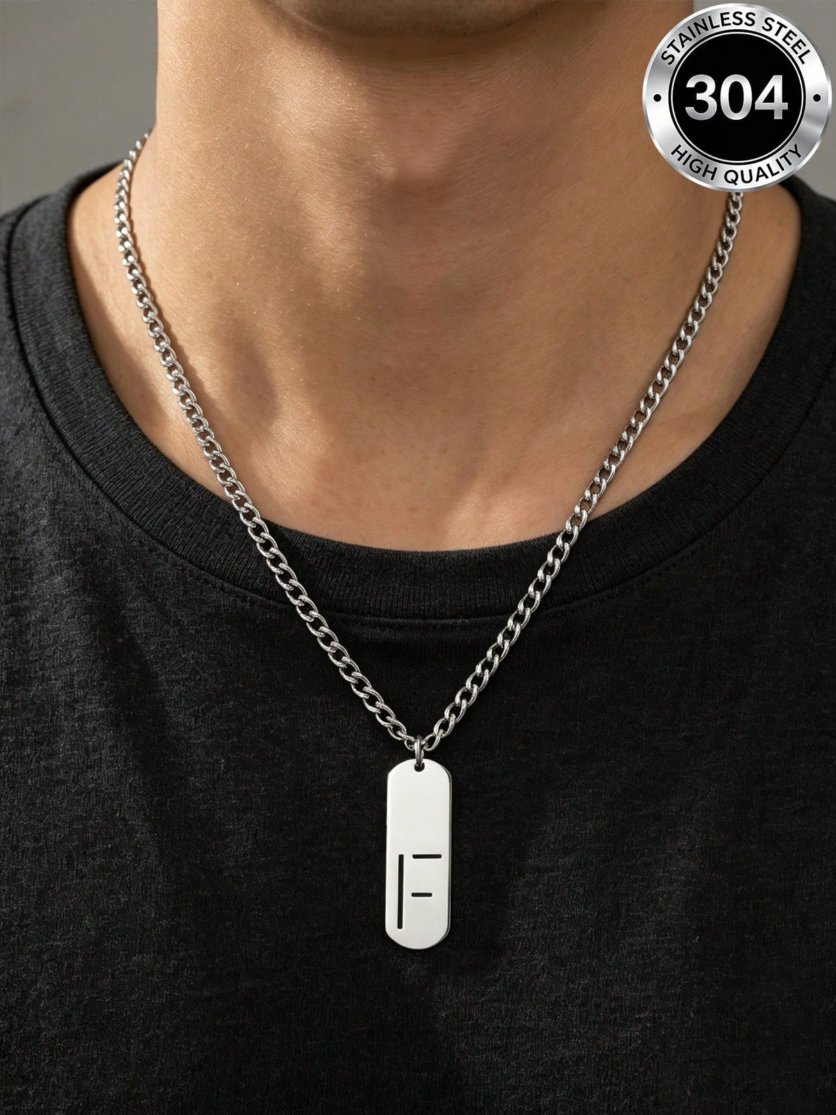 1pc Street Fashion Men's Stainless Steel Necklace, Minimalist Letter F Vertical Pendant Cuban Chain, Hip-Hop Daily Wear Accessory, Birthday Gift For Boys