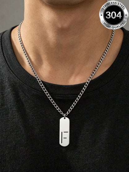 1pc Street Fashion Men's Stainless Steel Necklace, Minimalist Letter F Vertical Pendant Cuban Chain, Hip-Hop Daily Wear Accessory, Birthday Gift For Boys