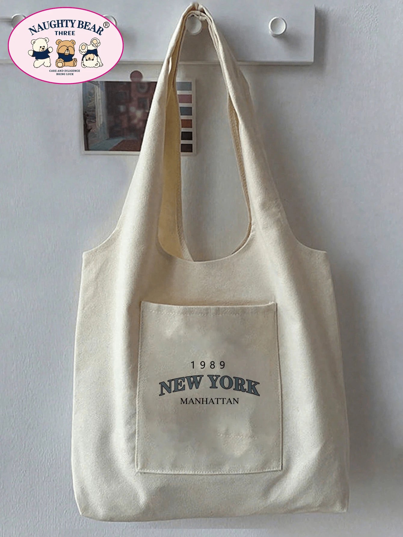 1pc Stylish Beige Canvas Tote Bag With 1989 New York Letter Print & Vest Handles For Women, Portable Shopping Bag For Going Out,Preppy Book Bag For Book Week, Tote Bags For Students, Multiple Compartm