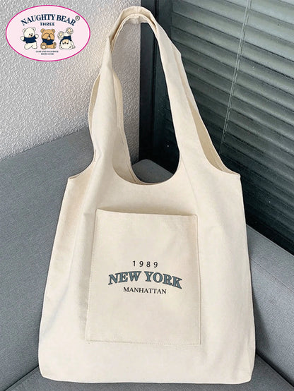 1pc Stylish Beige Canvas Tote Bag With 1989 New York Letter Print & Vest Handles For Women, Portable Shopping Bag For Going Out,Preppy Book Bag For Book Week, Tote Bags For Students, Multiple Compartm