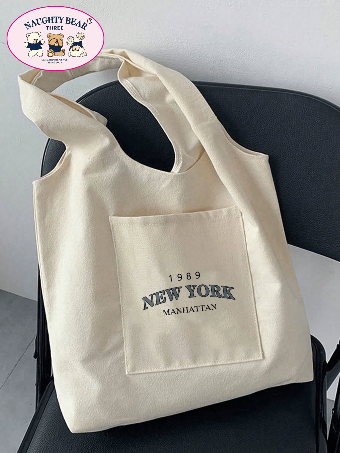 1pc Stylish Beige Canvas Tote Bag With 1989 New York Letter Print & Vest Handles For Women, Portable Shopping Bag For Going Out,Preppy Book Bag For Book Week, Tote Bags For Students, Multiple Compartm