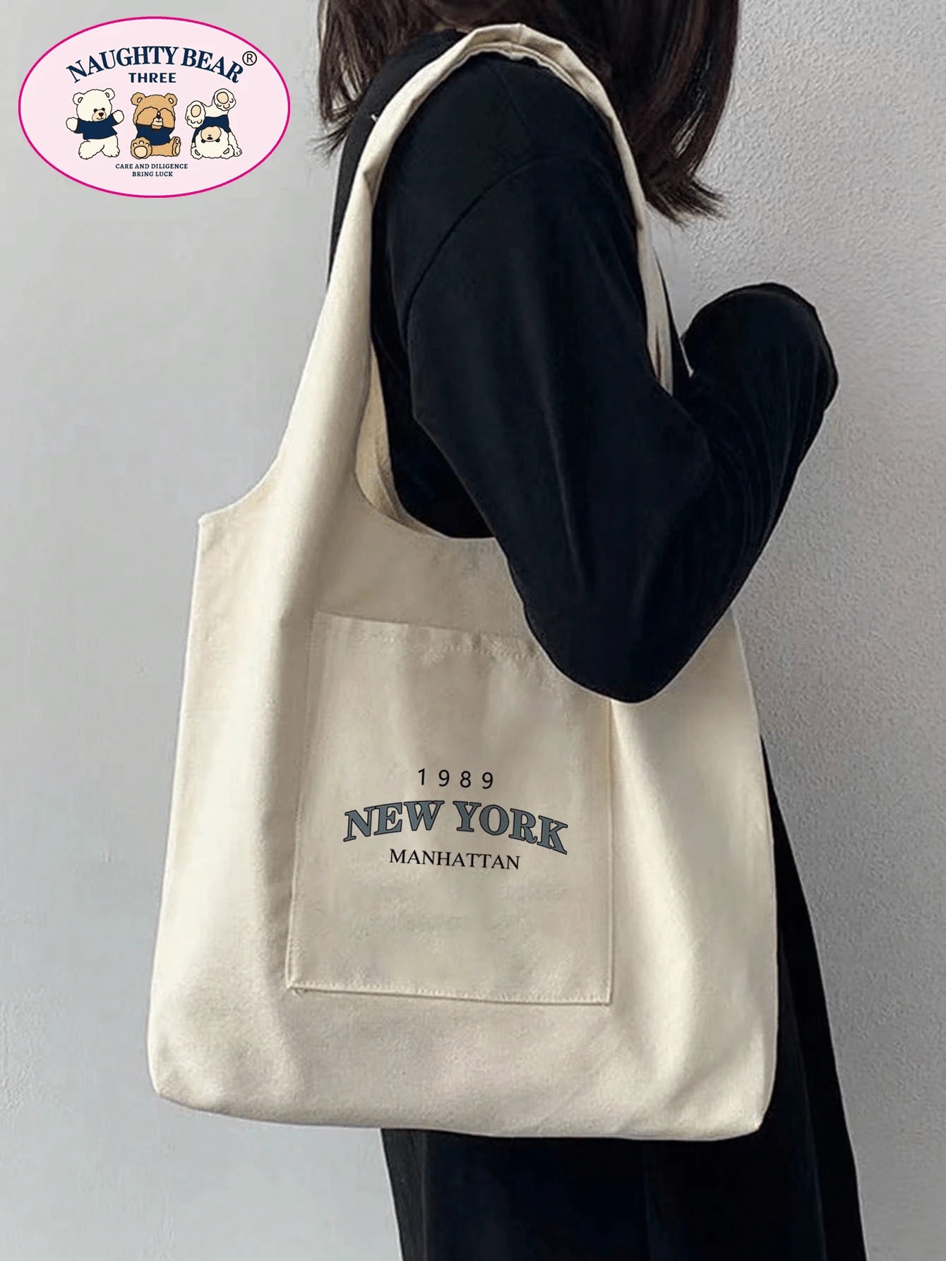 1pc Stylish Beige Canvas Tote Bag With 1989 New York Letter Print & Vest Handles For Women, Portable Shopping Bag For Going Out,Preppy Book Bag For Book Week, Tote Bags For Students, Multiple Compartm