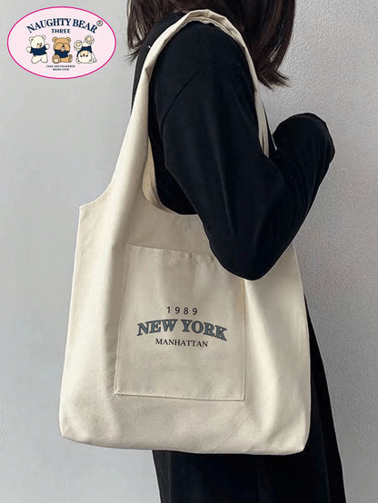 1pc Stylish Beige Canvas Tote Bag With 1989 New York Letter Print & Vest Handles For Women, Portable Shopping Bag For Going Out,Preppy Book Bag For Book Week, Tote Bags For Students, Multiple Compartm