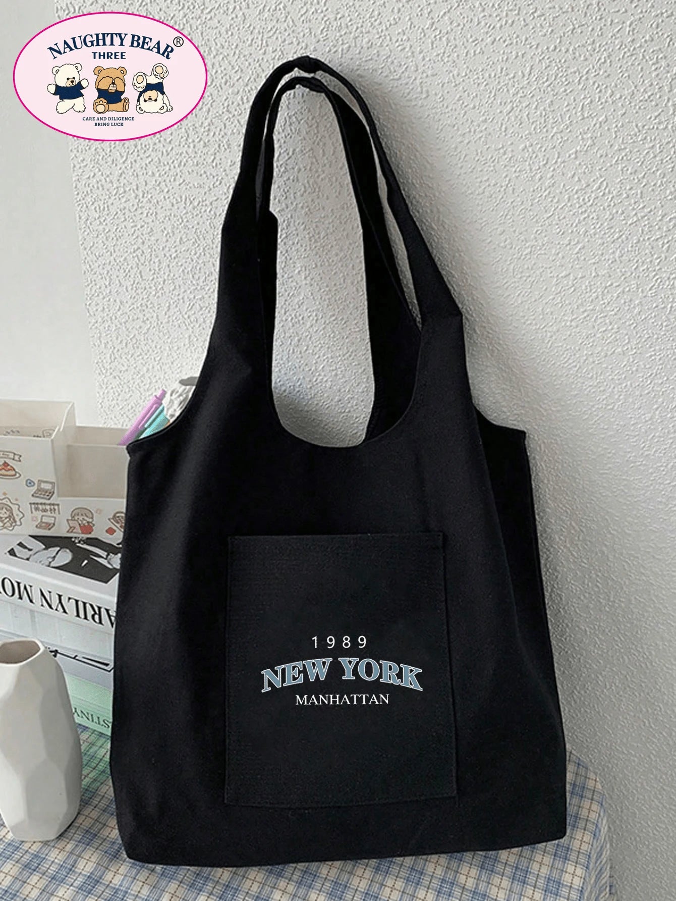 1pc Stylish Beige Canvas Tote Bag With 1989 New York Letter Print & Vest Handles For Women, Portable Shopping Bag For Going Out,Preppy Book Bag For Book Week, Tote Bags For Students, Multiple Compartm