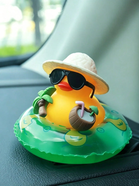1pc Summer Beach Rubber Duck Car Dashboard Ornament, Cute Yellow Duck With Fashionable Glasses Hat And Inflatable Swim Ring, Fun Hawaiian Style Car Interior Decor, Tropical Duck Figurine Suitable For