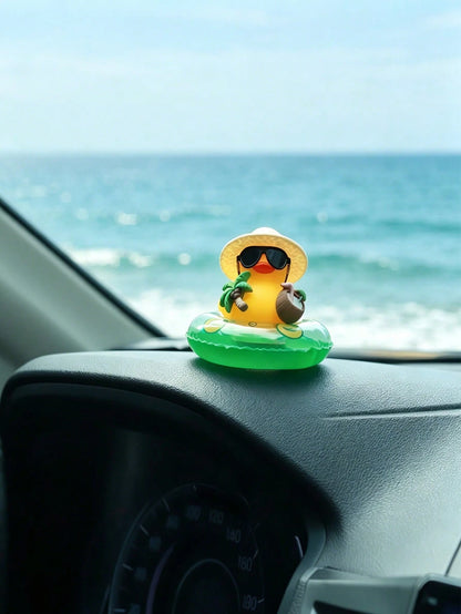 1pc Summer Beach Rubber Duck Car Dashboard Ornament, Cute Yellow Duck With Fashionable Glasses Hat And Inflatable Swim Ring, Fun Hawaiian Style Car Interior Decor, Tropical Duck Figurine Suitable For