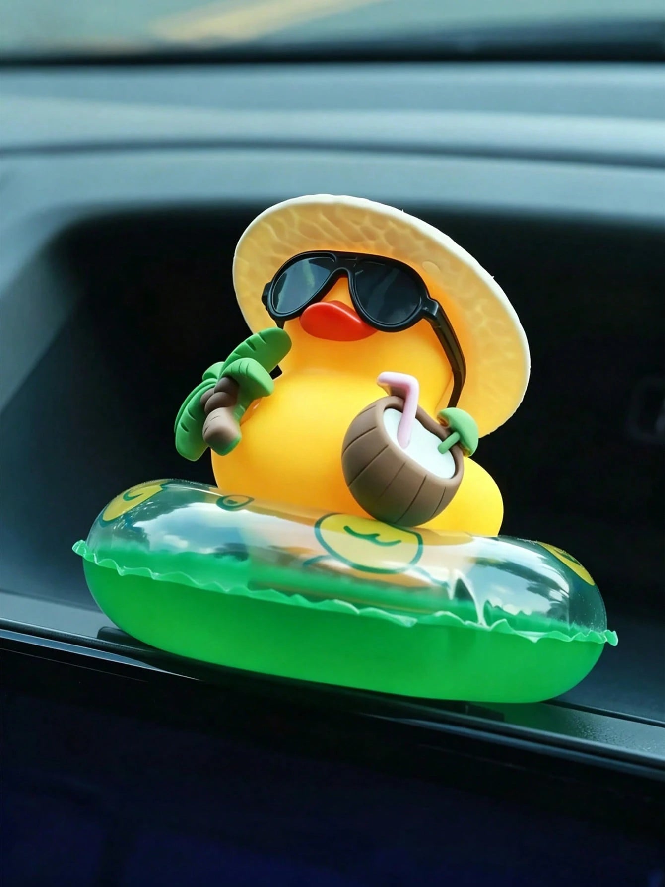 1pc Summer Beach Rubber Duck Car Dashboard Ornament, Cute Yellow Duck With Fashionable Glasses Hat And Inflatable Swim Ring, Fun Hawaiian Style Car Interior Decor, Tropical Duck Figurine Suitable For