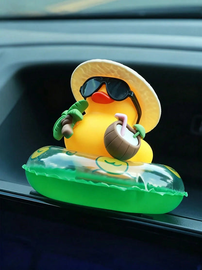 1pc Summer Beach Rubber Duck Car Dashboard Ornament, Cute Yellow Duck With Fashionable Glasses Hat And Inflatable Swim Ring, Fun Hawaiian Style Car Interior Decor, Tropical Duck Figurine Suitable For