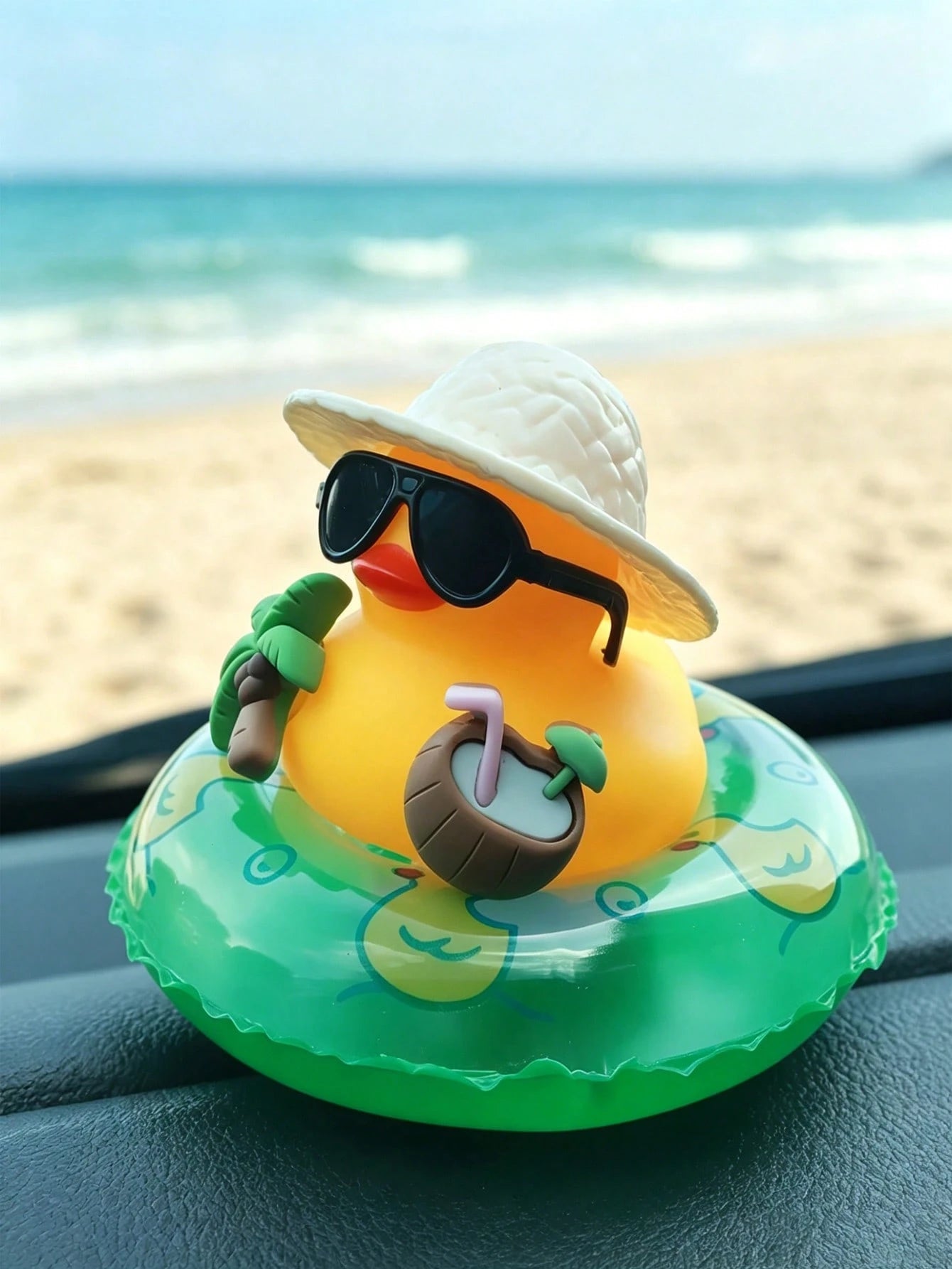 1pc Summer Beach Rubber Duck Car Dashboard Ornament, Cute Yellow Duck With Fashionable Glasses Hat And Inflatable Swim Ring, Fun Hawaiian Style Car Interior Decor, Tropical Duck Figurine Suitable For