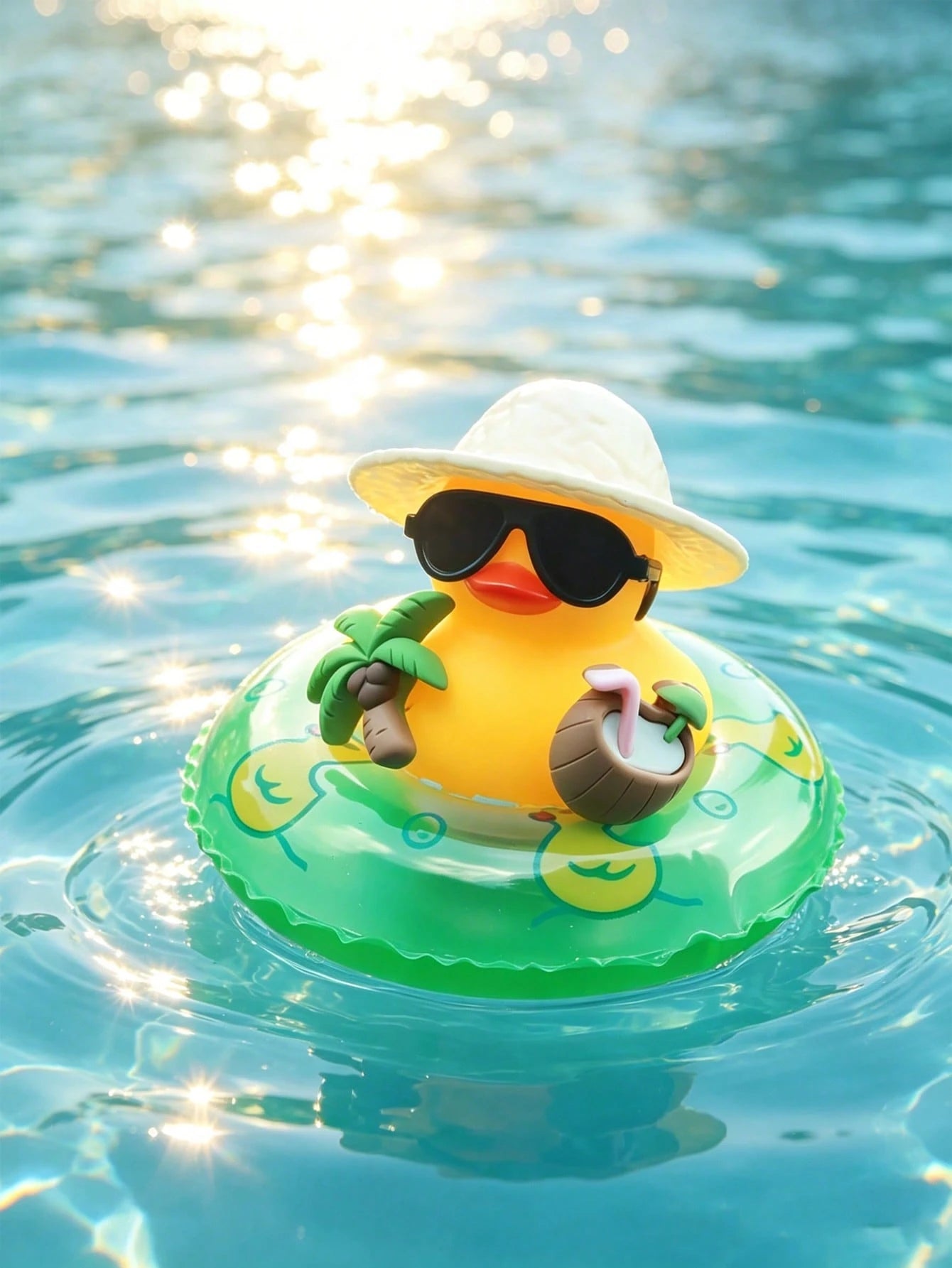 1pc Summer Beach Rubber Duck Car Dashboard Ornament, Cute Yellow Duck With Fashionable Glasses Hat And Inflatable Swim Ring, Fun Hawaiian Style Car Interior Decor, Tropical Duck Figurine Suitable For