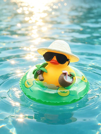 1pc Summer Beach Rubber Duck Car Dashboard Ornament, Cute Yellow Duck With Fashionable Glasses Hat And Inflatable Swim Ring, Fun Hawaiian Style Car Interior Decor, Tropical Duck Figurine Suitable For