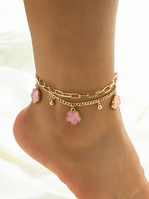 1pc Summer Elegant Pink Metal Flower & Clover Pendant Multi-Layer Anklet, Suitable For Vacation, Party, Date, Gift, Daily Wear