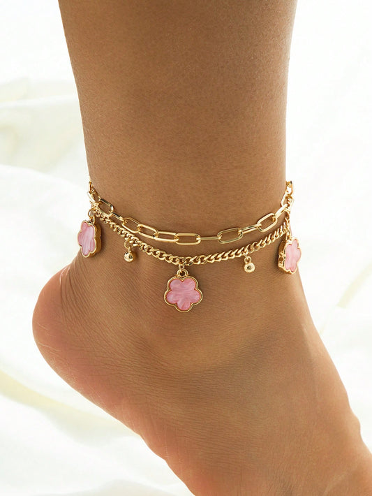 1pc Summer Elegant Pink Metal Flower & Clover Pendant Multi-Layer Anklet, Suitable For Vacation, Party, Date, Gift, Daily Wear