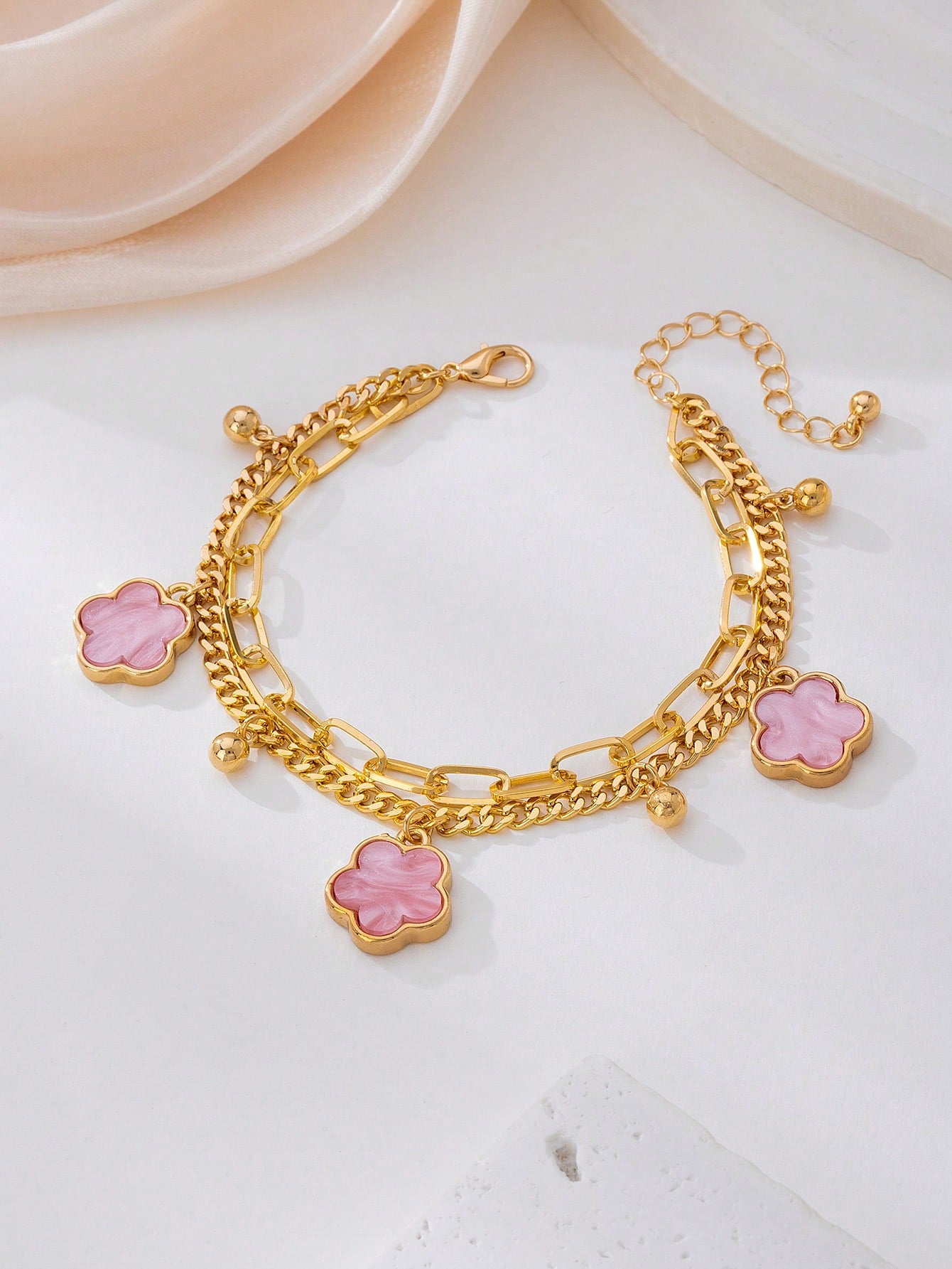 1pc Summer Elegant Pink Metal Flower & Clover Pendant Multi-Layer Anklet, Suitable For Vacation, Party, Date, Gift, Daily Wear
