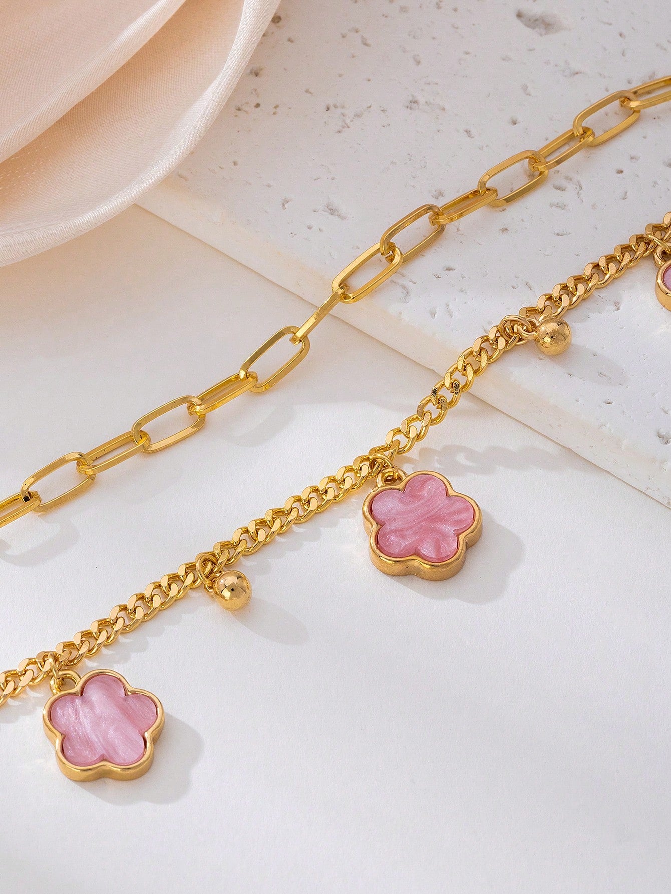 1pc Summer Elegant Pink Metal Flower & Clover Pendant Multi-Layer Anklet, Suitable For Vacation, Party, Date, Gift, Daily Wear