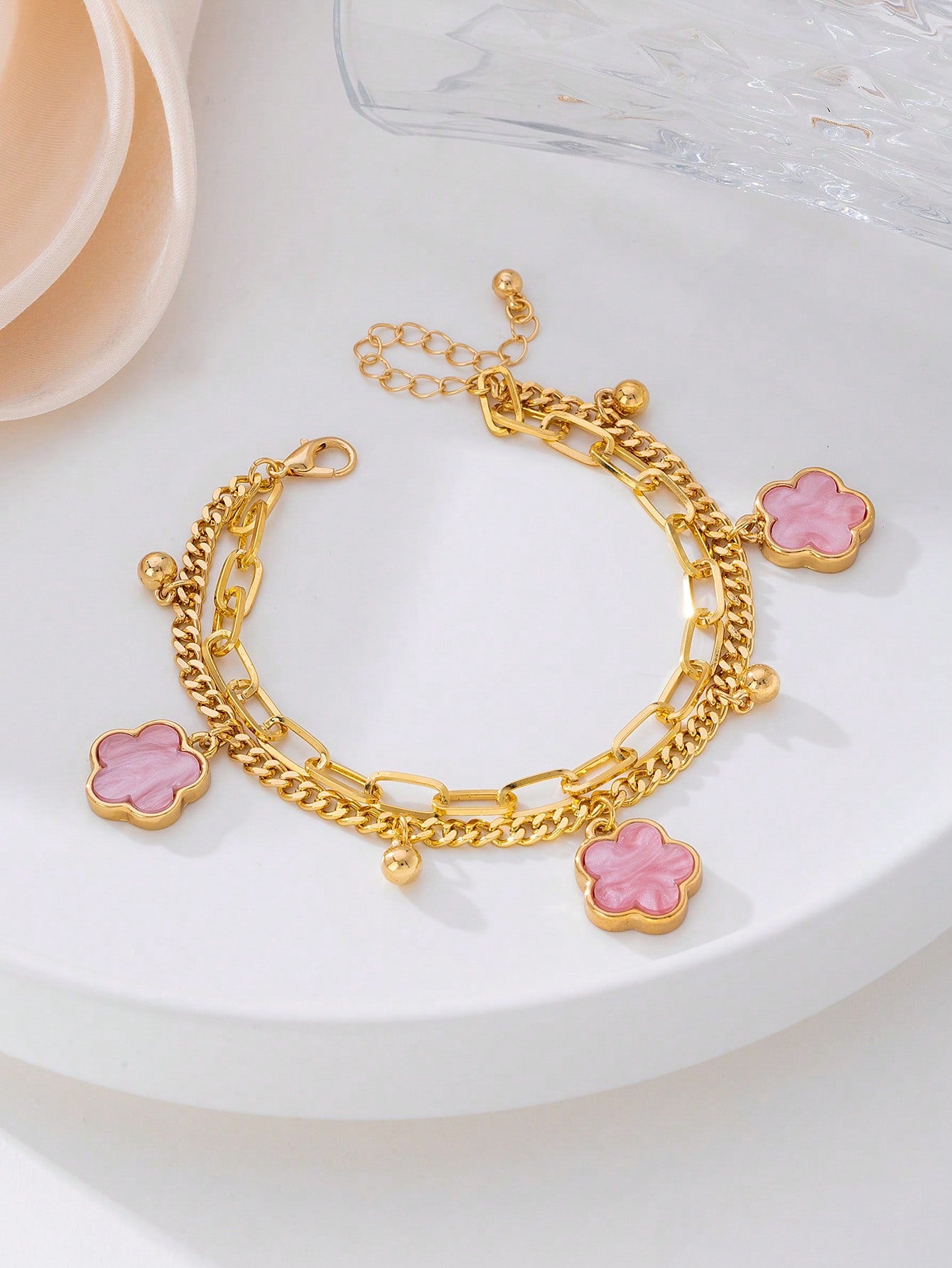 1pc Summer Elegant Pink Metal Flower & Clover Pendant Multi-Layer Anklet, Suitable For Vacation, Party, Date, Gift, Daily Wear