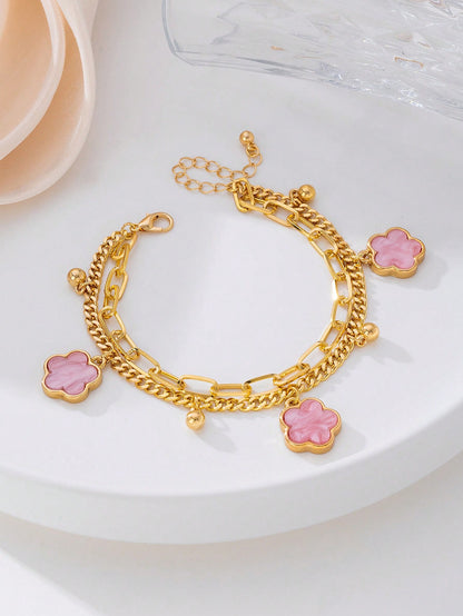 1pc Summer Elegant Pink Metal Flower & Clover Pendant Multi-Layer Anklet, Suitable For Vacation, Party, Date, Gift, Daily Wear