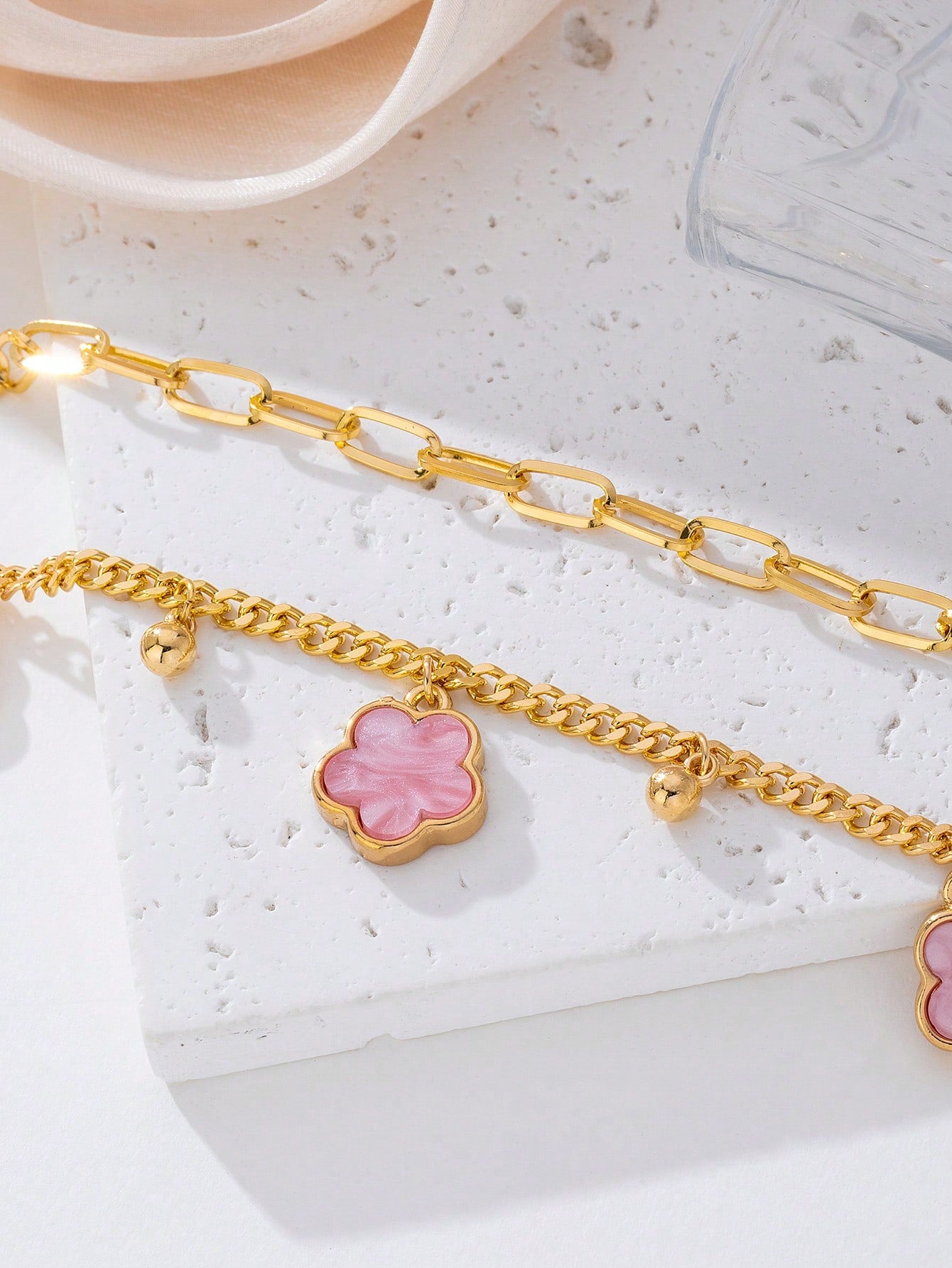 1pc Summer Elegant Pink Metal Flower & Clover Pendant Multi-Layer Anklet, Suitable For Vacation, Party, Date, Gift, Daily Wear
