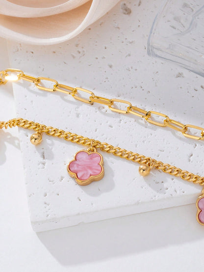 1pc Summer Elegant Pink Metal Flower & Clover Pendant Multi-Layer Anklet, Suitable For Vacation, Party, Date, Gift, Daily Wear