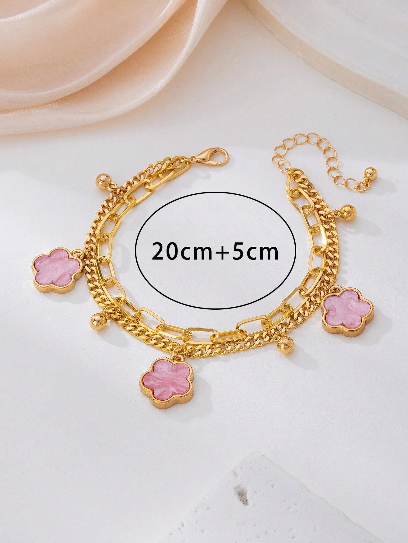 1pc Summer Elegant Pink Metal Flower & Clover Pendant Multi-Layer Anklet, Suitable For Vacation, Party, Date, Gift, Daily Wear