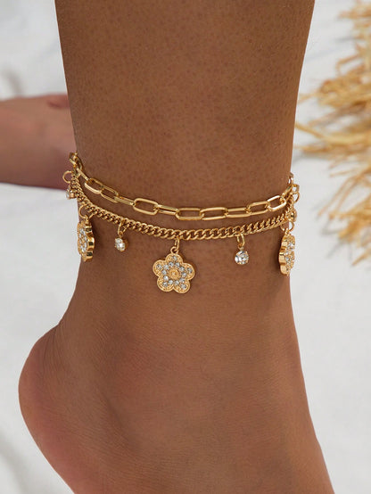 1pc Summer Elegant Pink Metal Flower & Clover Pendant Multi-Layer Anklet, Suitable For Vacation, Party, Date, Gift, Daily Wear