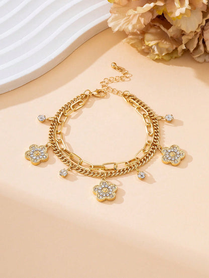1pc Summer Elegant Pink Metal Flower & Clover Pendant Multi-Layer Anklet, Suitable For Vacation, Party, Date, Gift, Daily Wear