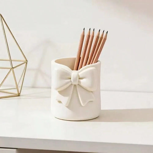 1pc Sweet Bow Single Compartment Makeup Brush Holder, Cream Style Desktop Cosmetic Storage Box, Pen Holder, Easy Access, High Aesthetic Decorative