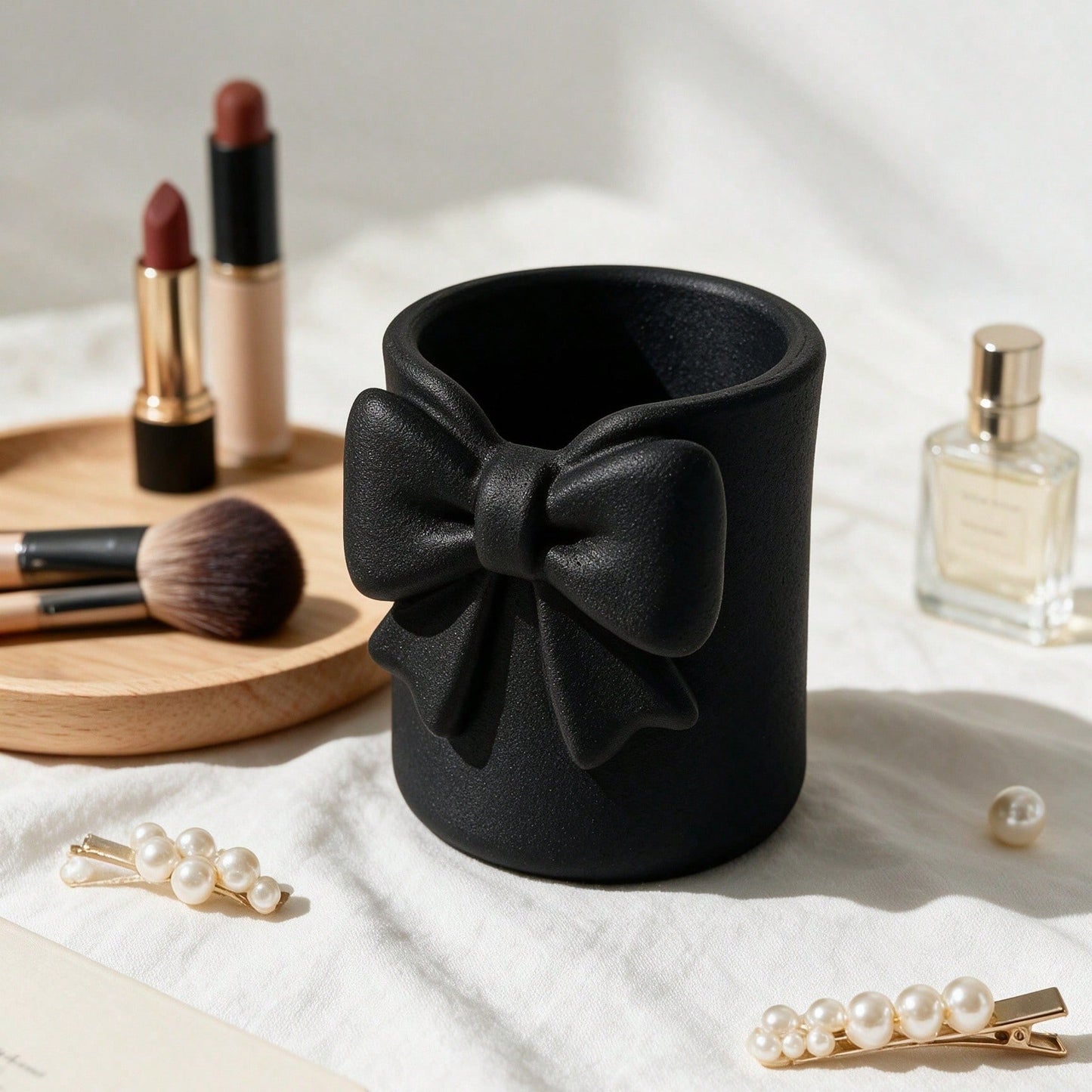 1pc Sweet Bow Single Compartment Makeup Brush Holder, Cream Style Desktop Cosmetic Storage Box, Pen Holder, Easy Access, High Aesthetic Decorative