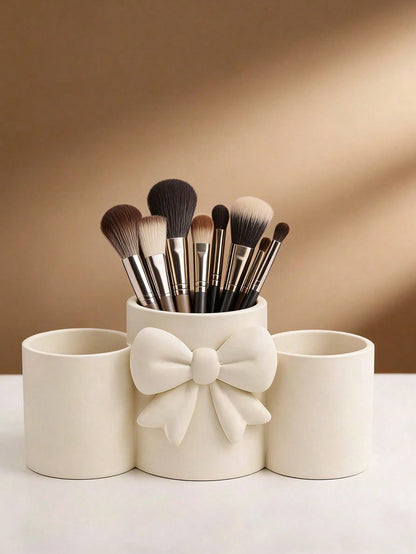 1pc Sweet Bow Single Compartment Makeup Brush Holder, Cream Style Desktop Cosmetic Storage Box, Pen Holder, Easy Access, High Aesthetic Decorative
