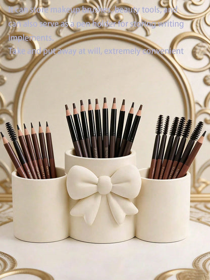 1pc Sweet Bow Single Compartment Makeup Brush Holder, Cream Style Desktop Cosmetic Storage Box, Pen Holder, Easy Access, High Aesthetic Decorative