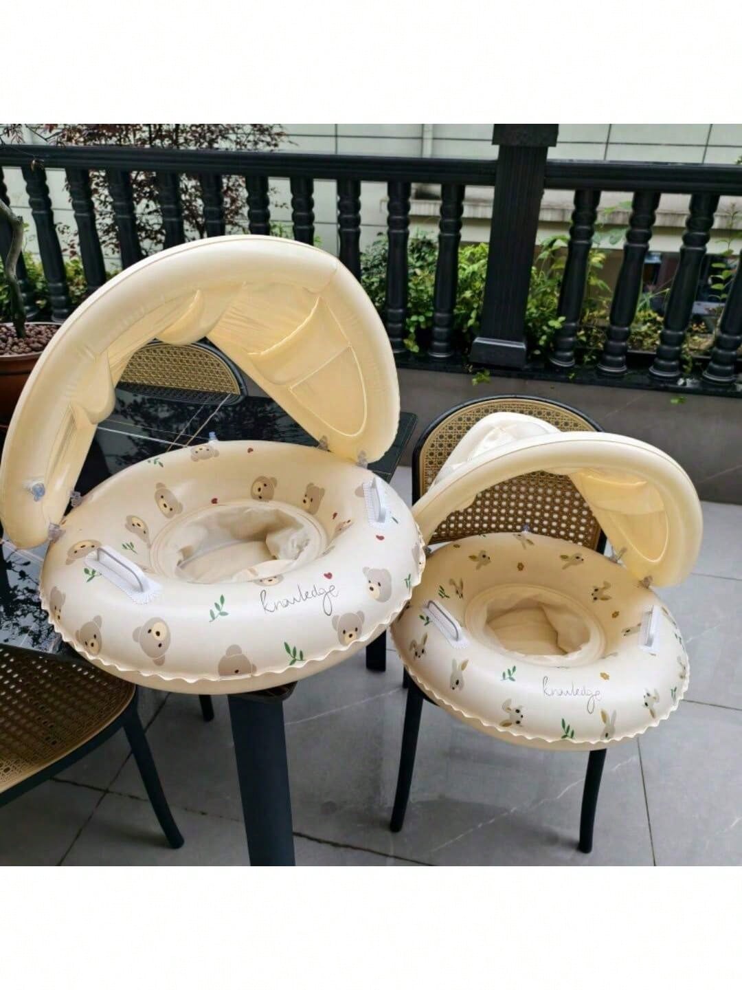 1pc Swimming Ring With Sunshade And Handle, Round Pattern, Suitable For Indoor And Outdoor Swimming
