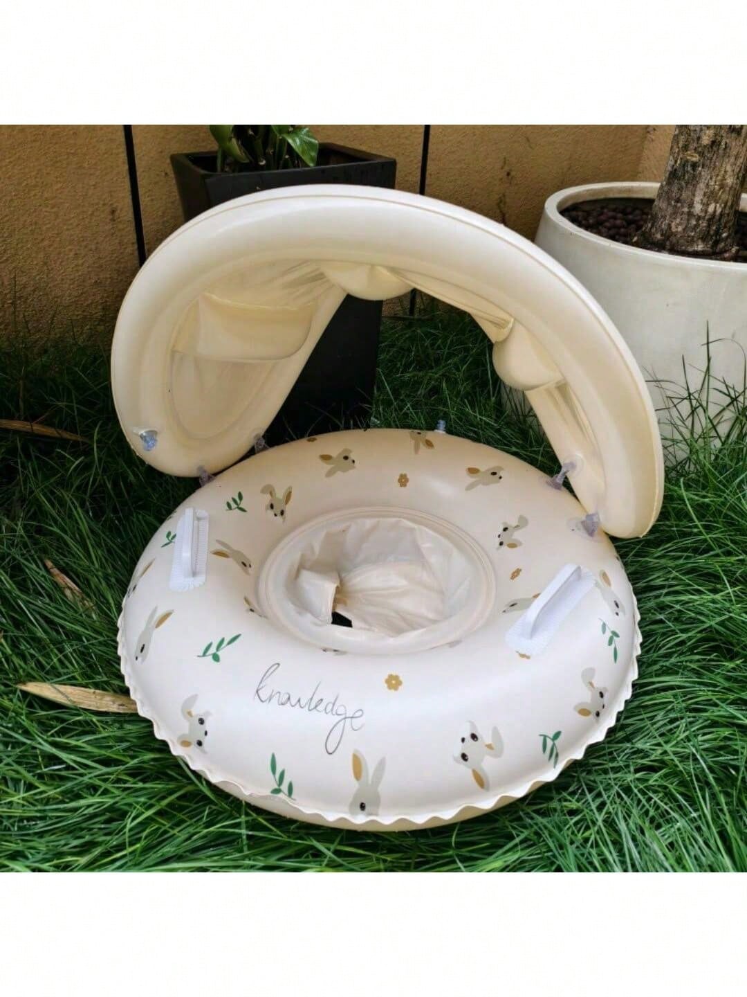 1pc Swimming Ring With Sunshade And Handle, Round Pattern, Suitable For Indoor And Outdoor Swimming