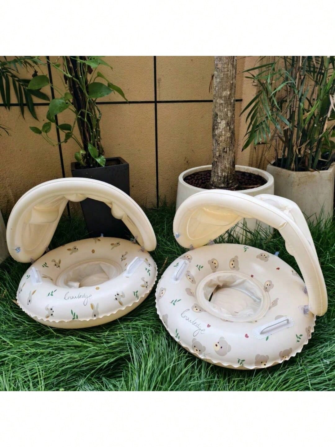 1pc Swimming Ring With Sunshade And Handle, Round Pattern, Suitable For Indoor And Outdoor Swimming