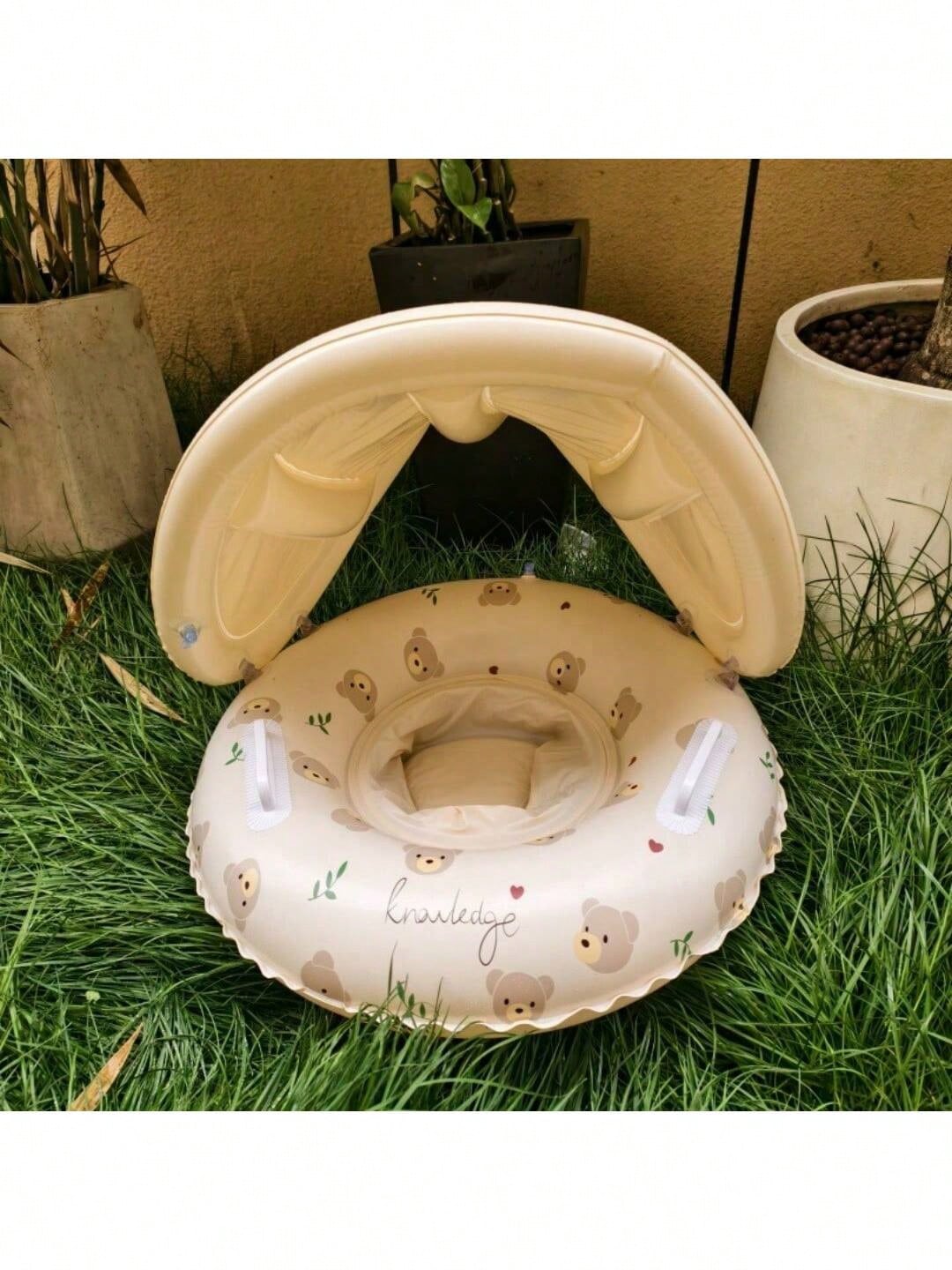 1pc Swimming Ring With Sunshade And Handle, Round Pattern, Suitable For Indoor And Outdoor Swimming