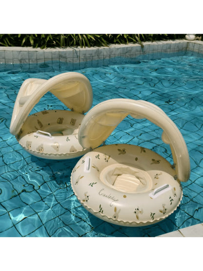1pc Swimming Ring With Sunshade And Handle, Round Pattern, Suitable For Indoor And Outdoor Swimming