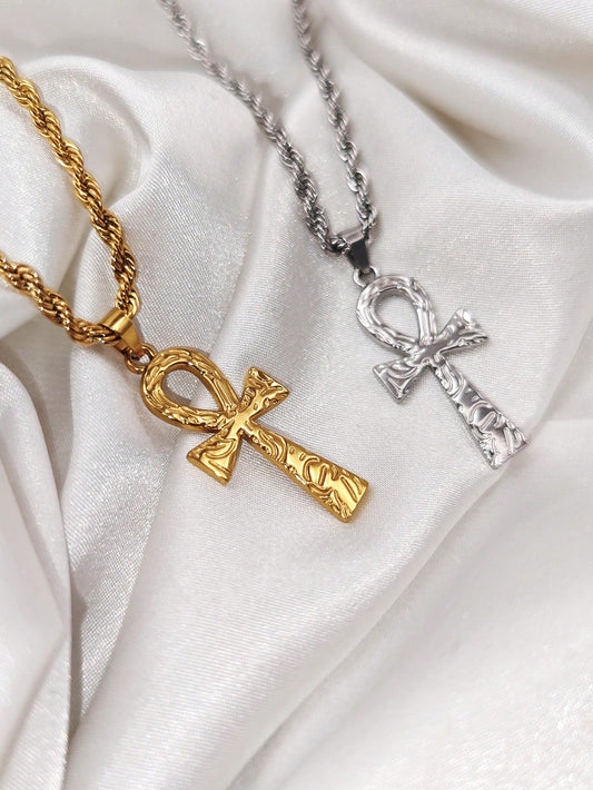1pc Textured Ankh Cross Pendant Necklace, Unisex, 18k Gold Stainless Steel Material, Vintage Egyptian Cross Necklace, Minimalist Jewelry