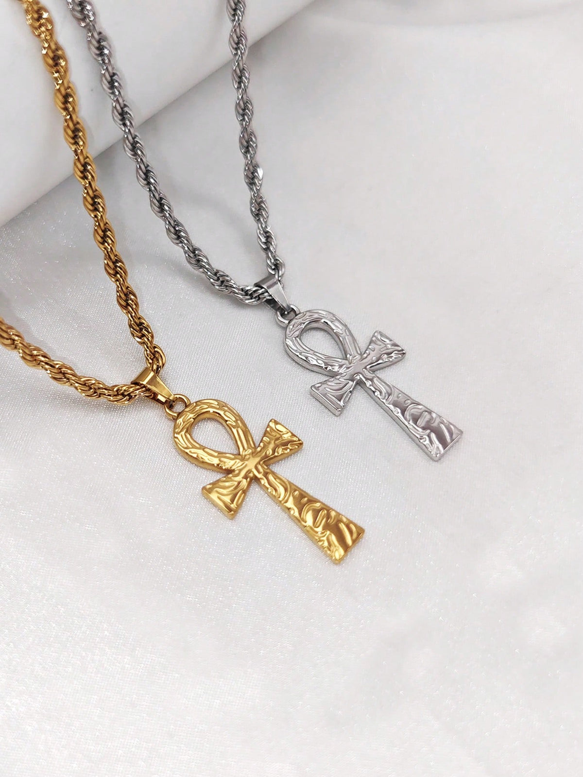 1pc Textured Ankh Cross Pendant Necklace, Unisex, 18k Gold Stainless Steel Material, Vintage Egyptian Cross Necklace, Minimalist Jewelry