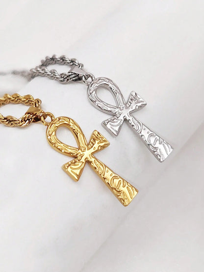 1pc Textured Ankh Cross Pendant Necklace, Unisex, 18k Gold Stainless Steel Material, Vintage Egyptian Cross Necklace, Minimalist Jewelry