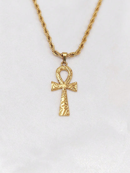 1pc Textured Ankh Cross Pendant Necklace, Unisex, 18k Gold Stainless Steel Material, Vintage Egyptian Cross Necklace, Minimalist Jewelry