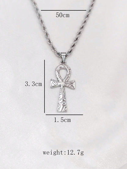 1pc Textured Ankh Cross Pendant Necklace, Unisex, 18k Gold Stainless Steel Material, Vintage Egyptian Cross Necklace, Minimalist Jewelry