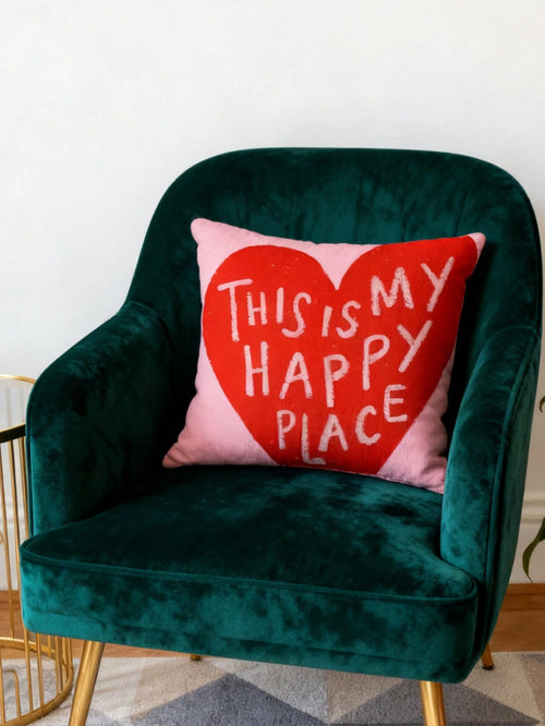 1pc "This Is My Happy Place" Hand-Painted Heart-Shaped Decorative Pillowcase, Soft And Comfortable, Machine Washable, Zipper Closure, Perfect For Sofa, Living Room, Bedroom Decor, Pillow Insert Not In