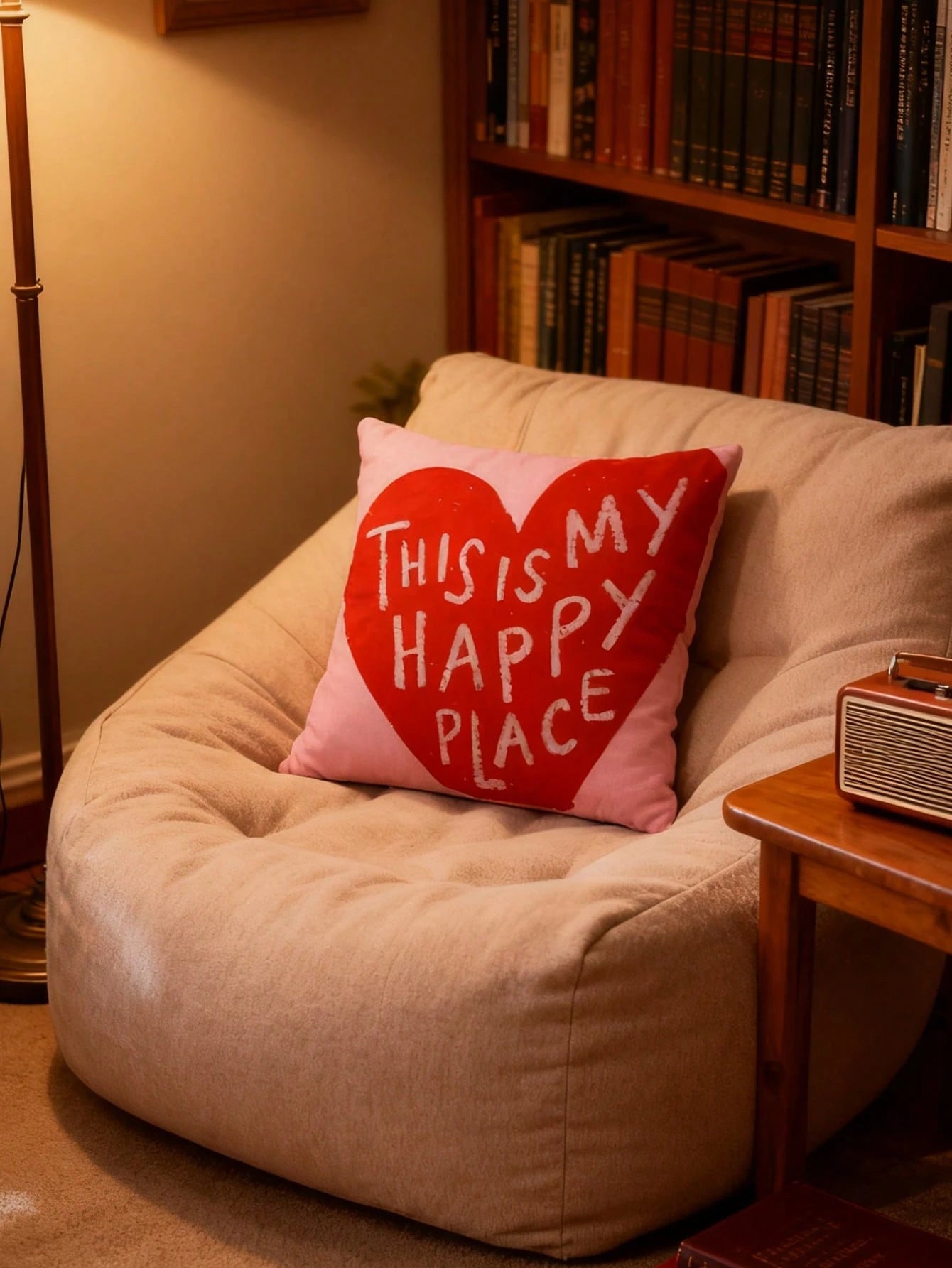 1pc "This Is My Happy Place" Hand-Painted Heart-Shaped Decorative Pillowcase, Soft And Comfortable, Machine Washable, Zipper Closure, Perfect For Sofa, Living Room, Bedroom Decor, Pillow Insert Not In