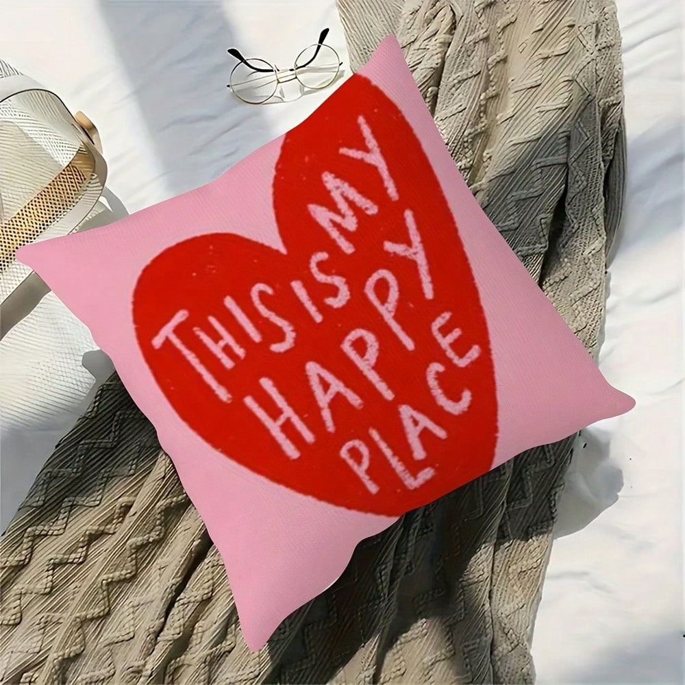 1pc "This Is My Happy Place" Hand-Painted Heart-Shaped Decorative Pillowcase, Soft And Comfortable, Machine Washable, Zipper Closure, Perfect For Sofa, Living Room, Bedroom Decor, Pillow Insert Not In