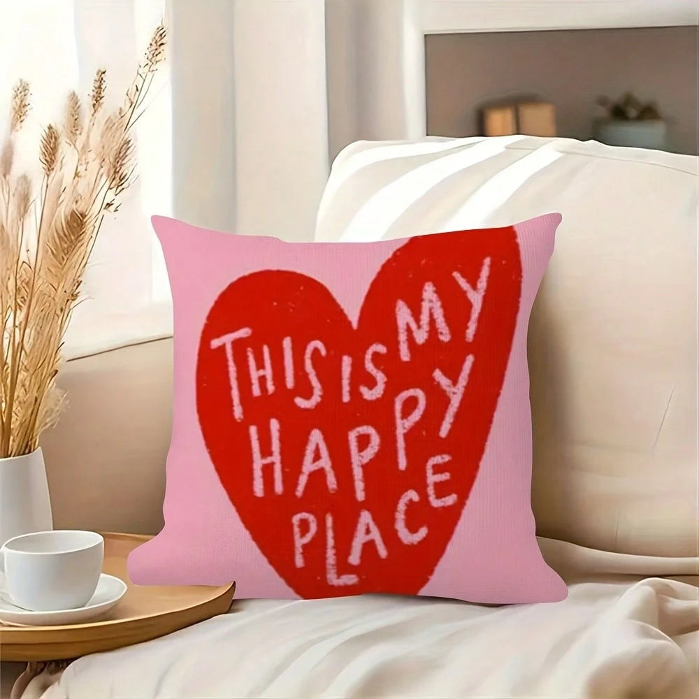 1pc "This Is My Happy Place" Hand-Painted Heart-Shaped Decorative Pillowcase, Soft And Comfortable, Machine Washable, Zipper Closure, Perfect For Sofa, Living Room, Bedroom Decor, Pillow Insert Not In