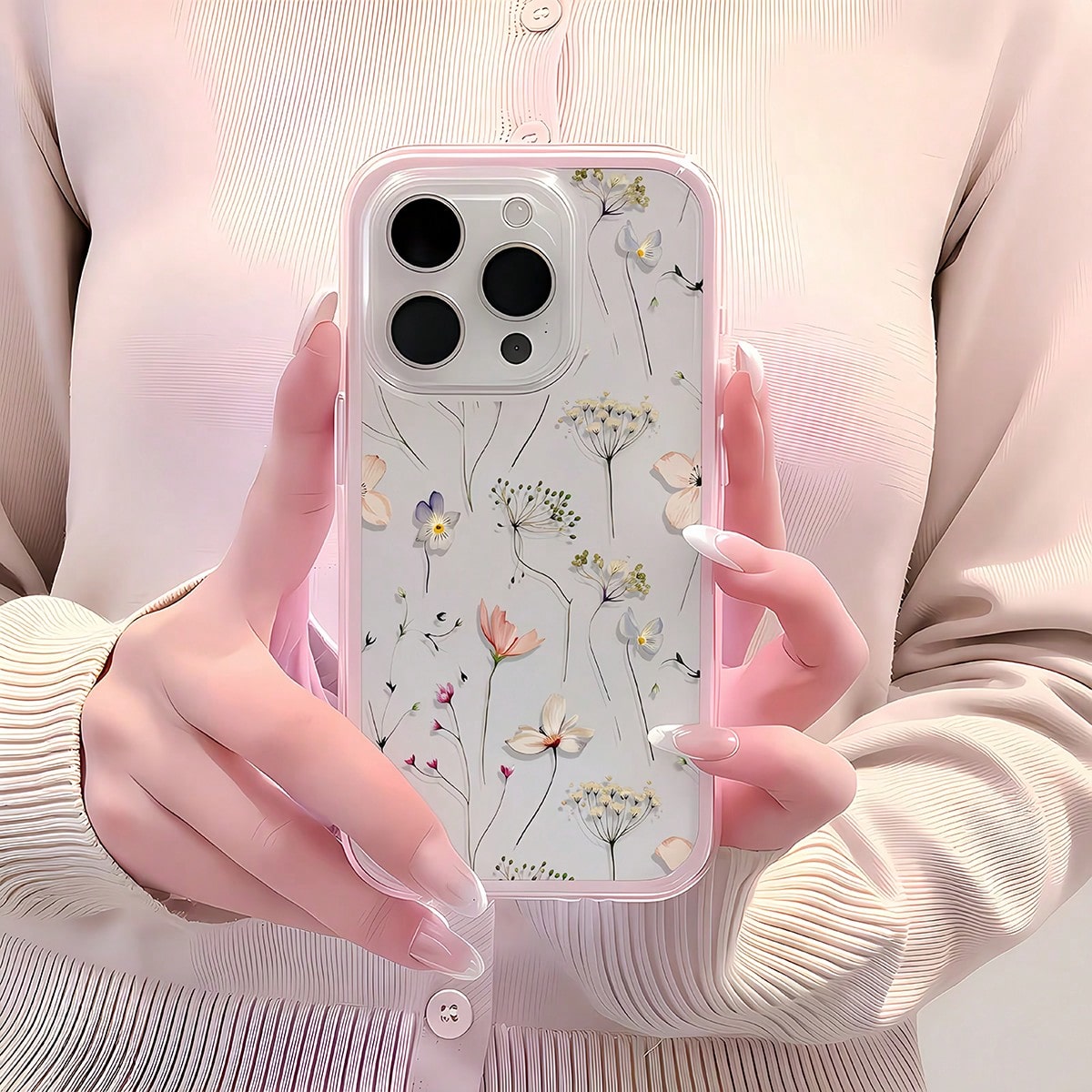 1pc Transparent Phone Case With Pink Frame, Minimalist Lens Protection Anti-Fall Design, Colorful Floral Pattern Suitable For IPhone 16 Pro Max, 17/16/15/14 Plus, 13/12/11, Air